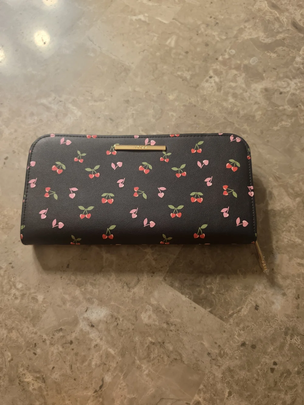 Aldo Black Cherry Print Zip-Around Wallet with Pink Accents NWOT